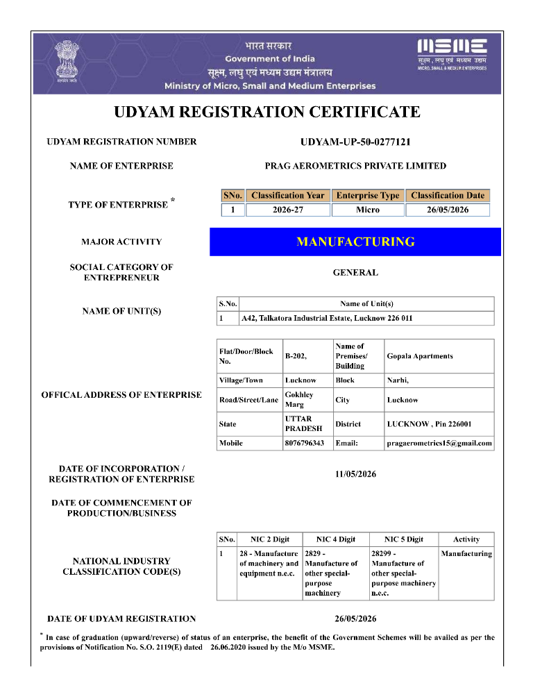 Prag Aerometrics Udyam registration certificate
